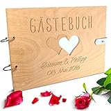 Handgearbeitetes Gästebuch zur Hochzeit aus Holz mit personalisierter Gravur & Lederverschluss - 150 Seiten / 75 Blatt DIN A4 Papier - 310 x 230 mm*